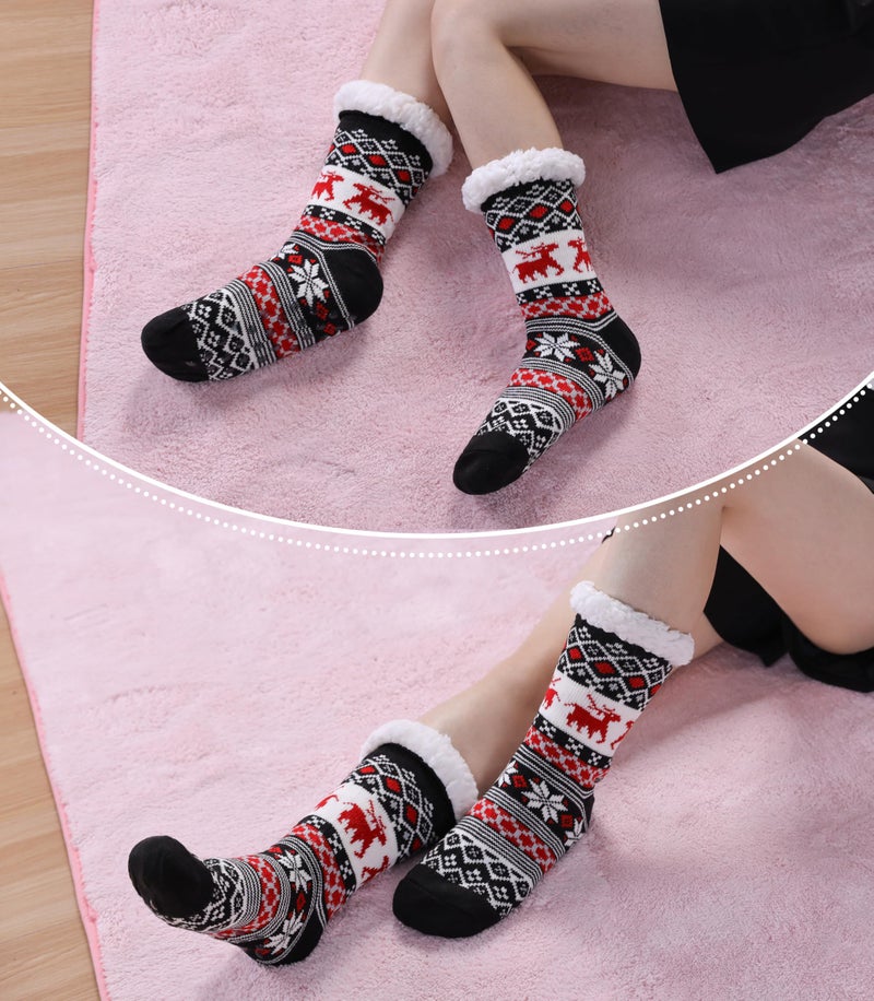 LINEMIN Womens Winter Slipper Socks With Grippers Cozy Warm Cute Fuzzy Slipper Socks (Black Christmas) - Image 2