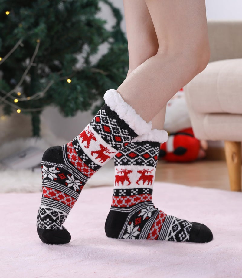 LINEMIN Womens Winter Slipper Socks With Grippers Cozy Warm Cute Fuzzy Slipper Socks (Black Christmas) - Image 5