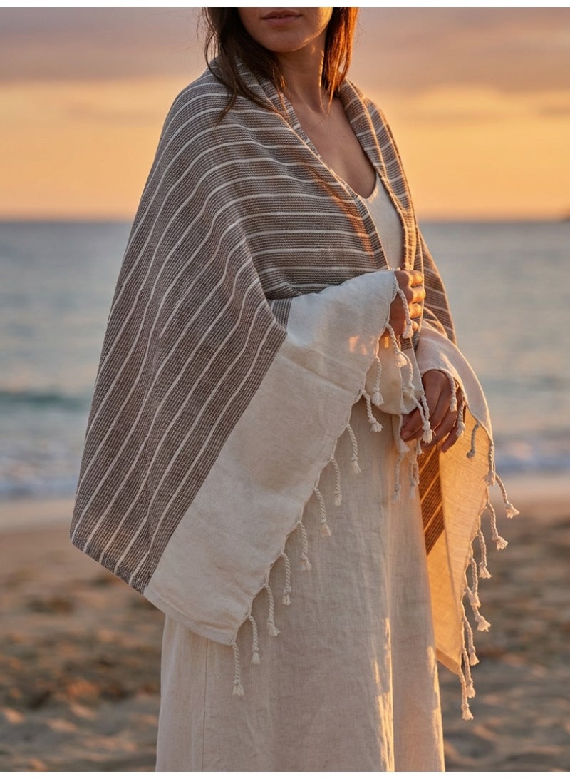 Ambrosia 90x180 cm Polycotton Striped Turkish Fouta Towel in Brown and Cream White, Versatile Lightweight Quick Drying Flat Weave Beach Bath Towel Travel Wrap Picnic Blanket and Throw with Hand Knotted Fringes - Image 4