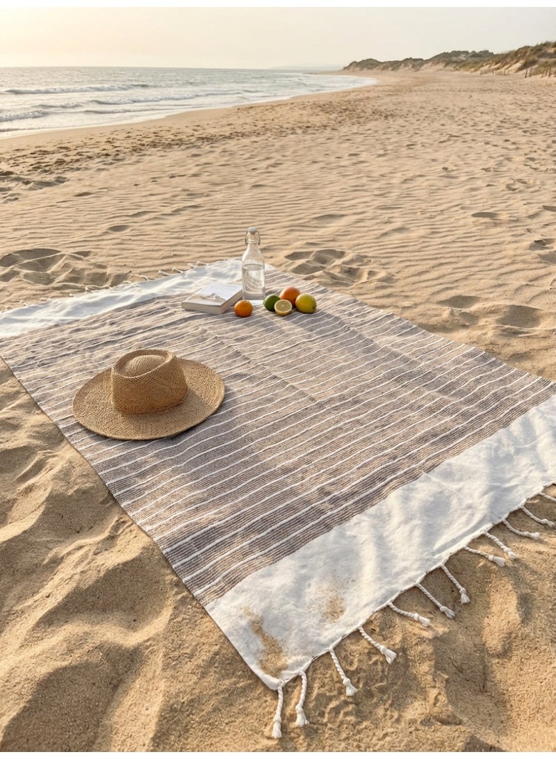 Ambrosia 90x180 cm Polycotton Striped Turkish Fouta Towel in Brown and Cream White, Versatile Lightweight Quick Drying Flat Weave Beach Bath Towel Travel Wrap Picnic Blanket and Throw with Hand Knotted Fringes - Image 2