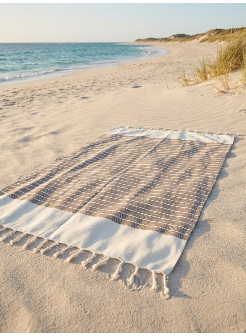 Ambrosia 90x180 cm Polycotton Striped Turkish Fouta Towel in Brown and Cream White, Versatile Lightweight Quick Drying Flat Weave Beach Bath Towel Travel Wrap Picnic Blanket and Throw with Hand Knotted Fringes - Image 1