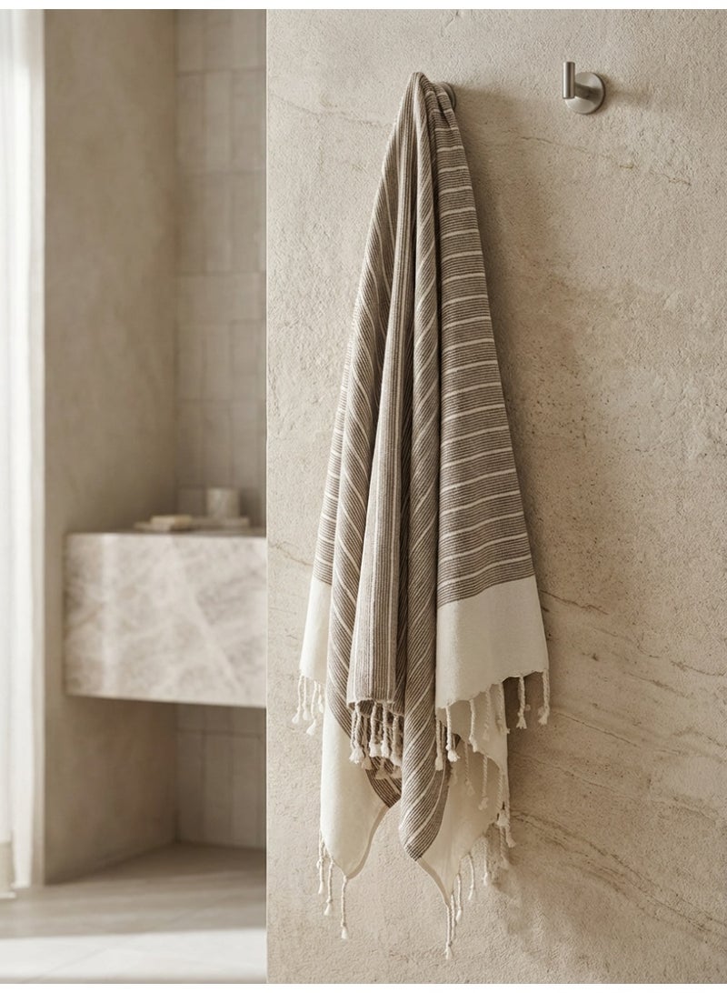 Ambrosia 90x180 cm Polycotton Striped Turkish Fouta Towel in Brown and Cream White, Versatile Lightweight Quick Drying Flat Weave Beach Bath Towel Travel Wrap Picnic Blanket and Throw with Hand Knotted Fringes - Image 3