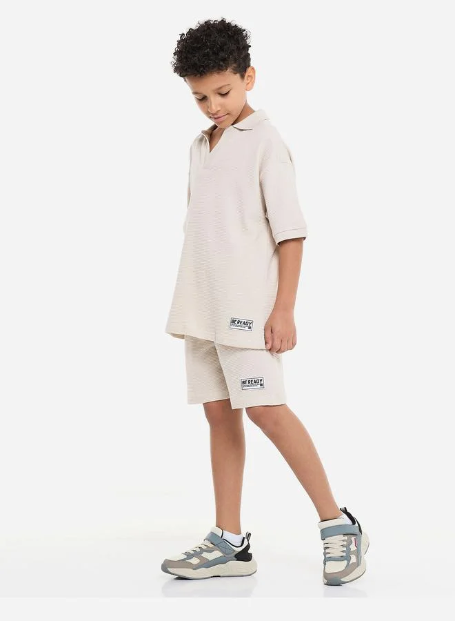 فكتور اند جين Victor And Jane Boys Textured Polo T-Shirt and Patch Detail Shorts Set