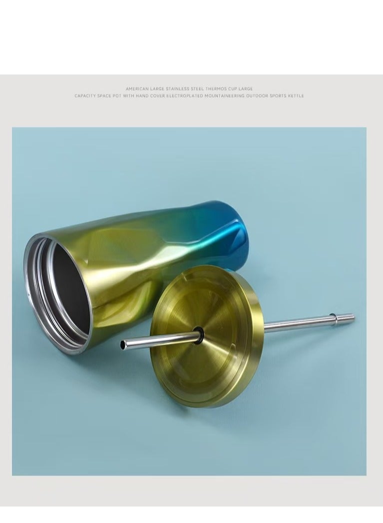 Stainless Steel Tumbler with Straw - Wim Hot and Cold Double Wall Drinking Cups Coffee Mugs Ice Cups 16oz/500ml Irregular Diamond with Lid- Yellow & Blue - Image 2
