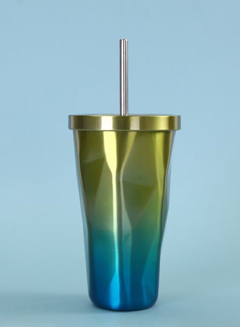 Stainless Steel Tumbler with Straw - Wim Hot and Cold Double Wall Drinking Cups Coffee Mugs Ice Cups 16oz/500ml Irregular Diamond with Lid- Yellow & Blue - Image 1