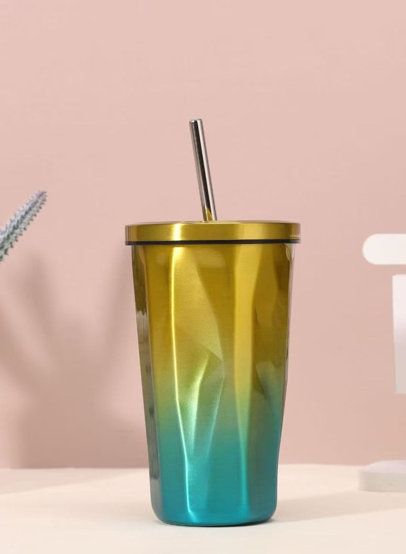 Stainless Steel Tumbler with Straw - Wim Hot and Cold Double Wall Drinking Cups Coffee Mugs Ice Cups 16oz/500ml Irregular Diamond with Lid- Yellow & Blue - Image 4