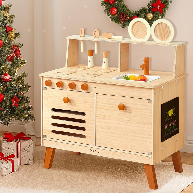 PairPear Play Kitchen for Kids Large Natural Wood Kids Play Kitchen Pretend Accessories with DIY Crafting Bookshelf Montessori Play Food Toys Gift for Toddlers Ages 3 - Image 3
