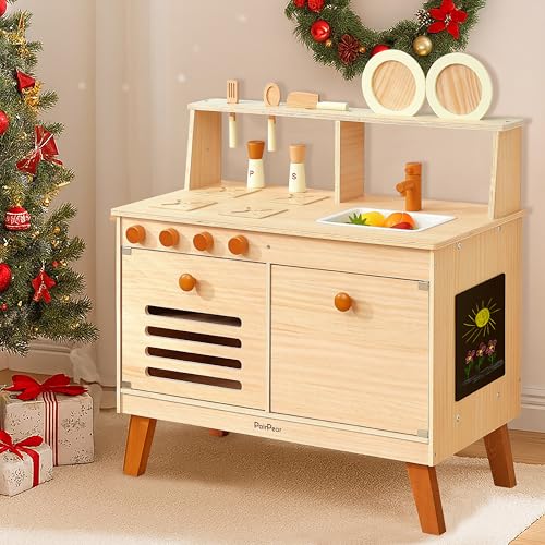 PairPear Play Kitchen for Kids Large Natural Wood Kids Play Kitchen Pretend Accessories with DIY Crafting Bookshelf Montessori Play Food Toys Gift for Toddlers Ages 3 - Image 1