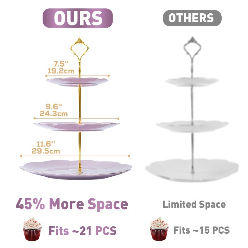 DUJUST Luxury Larger 3-Tier Cupcake Stand Tower, British Style Porcelain Serving Tray with Golden Trim, Food Grade Dessert Display Stand for Tea Party & Home DÃ©cor - 45% Purple Larger Plates - Image 5