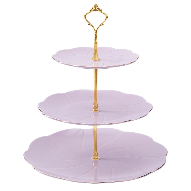 DUJUST Luxury Larger 3-Tier Cupcake Stand Tower, British Style Porcelain Serving Tray with Golden Trim, Food Grade Dessert Display Stand for Tea Party & Home DÃ©cor - 45% Purple Larger Plates - Image 1