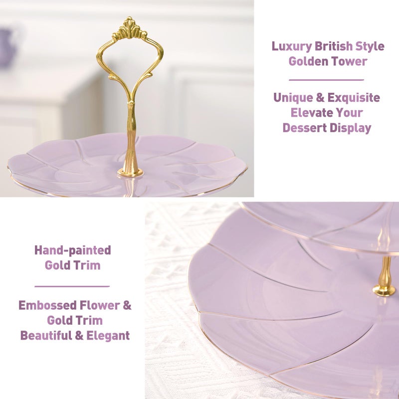 DUJUST Luxury Larger 3-Tier Cupcake Stand Tower, British Style Porcelain Serving Tray with Golden Trim, Food Grade Dessert Display Stand for Tea Party & Home DÃ©cor - 45% Purple Larger Plates - Image 3