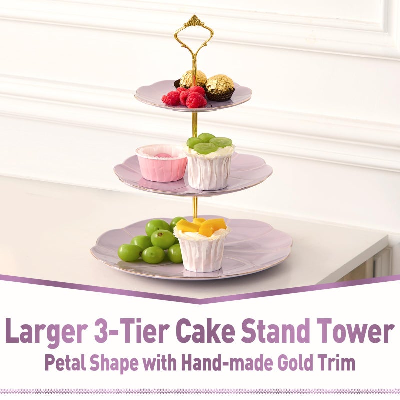 DUJUST Luxury Larger 3-Tier Cupcake Stand Tower, British Style Porcelain Serving Tray with Golden Trim, Food Grade Dessert Display Stand for Tea Party & Home DÃ©cor - 45% Purple Larger Plates - Image 2