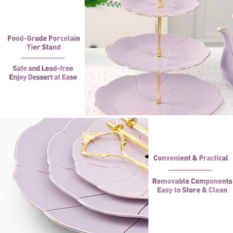 DUJUST Luxury Larger 3-Tier Cupcake Stand Tower, British Style Porcelain Serving Tray with Golden Trim, Food Grade Dessert Display Stand for Tea Party & Home DÃ©cor - 45% Purple Larger Plates - Image 4