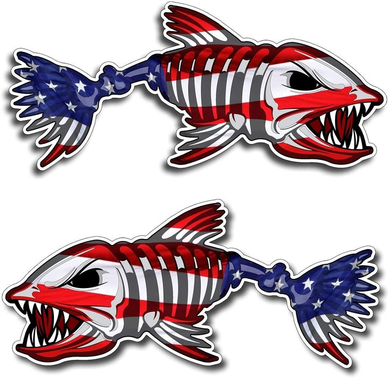 2 Pieces Set Left Right USA Bone Fish Sticker by NTICKER Patriotic American Flag Fishing Decal Vinyl Die Cut