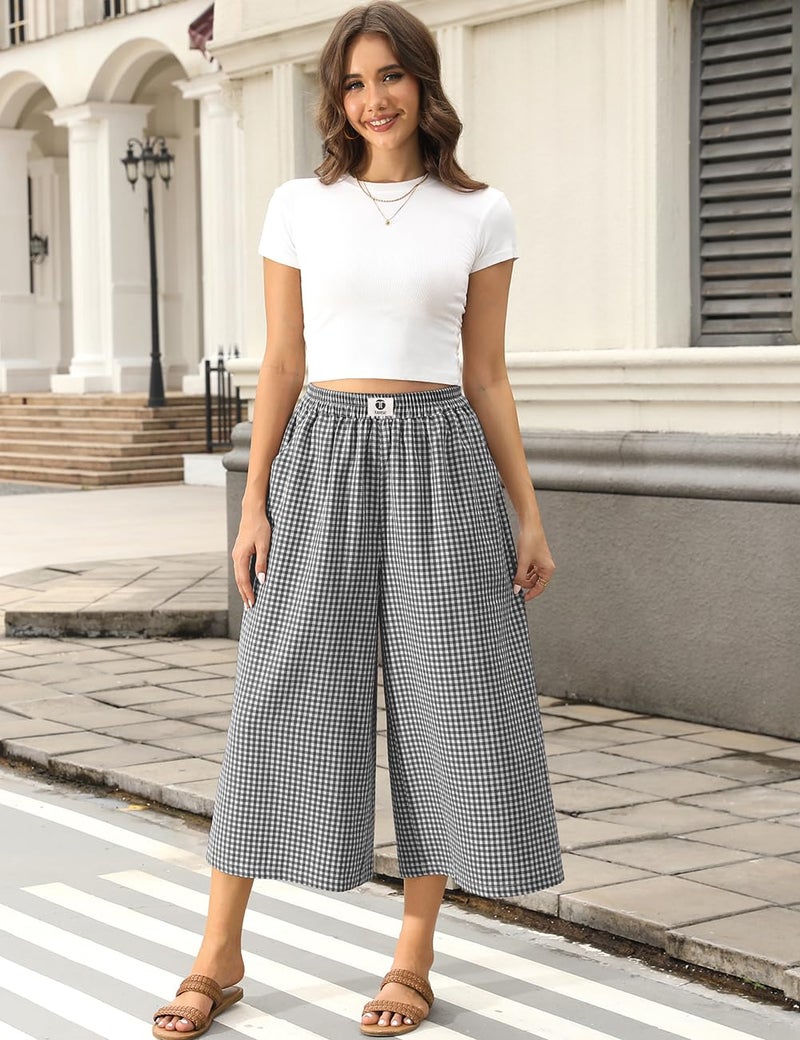 TARSE Womens Gingham Wide Leg Linen Pants Casual Loose Capri Trousers Elastic Waist Pajama Flowy Checkered Palazzo Pants with Pockets(Blackwhite, L) - Image 4