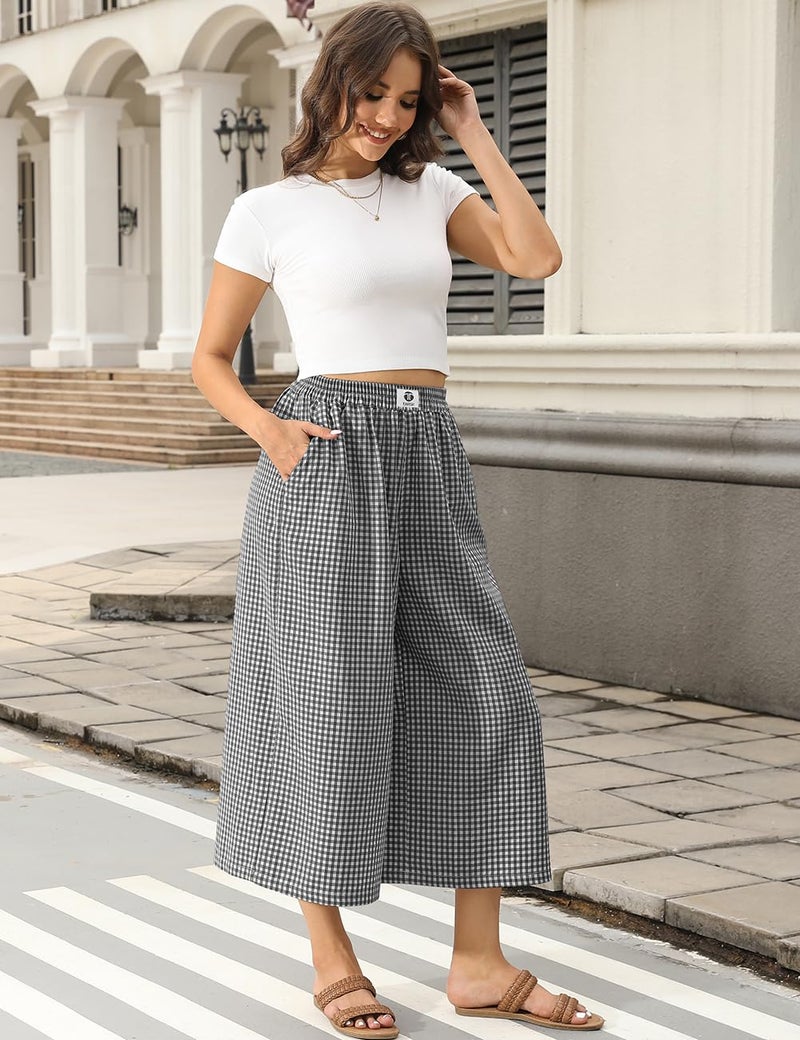 TARSE Womens Gingham Wide Leg Linen Pants Casual Loose Capri Trousers Elastic Waist Pajama Flowy Checkered Palazzo Pants with Pockets(Blackwhite, L) - Image 3