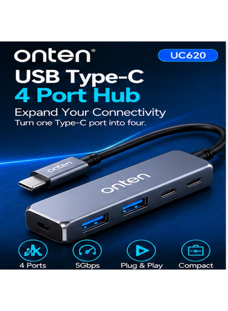 أونتن موزع ONTEN OTN-UC620 بمنفذ USB-C وأربعة منافذ (USB 3.2 Gen 2 Type-C)، يتميز بسرعة نقل بيانات عالية تصل إلى 10 جيجابت في الثانية، وتصميم مدمج وخفيف الوزن، ويدعم خاصية التوصيل والتشغيل (Plug & Play)، مع حماية ضد التيار الزائد والماس الكهربائي؛ متوافق مع أجهزة الكمبيوتر المحمول، والأجهزة اللوحية، والهواتف الذكية، ومحركات الأقراص الخارجية، ولوحات المفاتيح، والفئران، وذاكرات الفلاش، والأجهزة الطرفية التي تعمل عبر USB. - Image 1