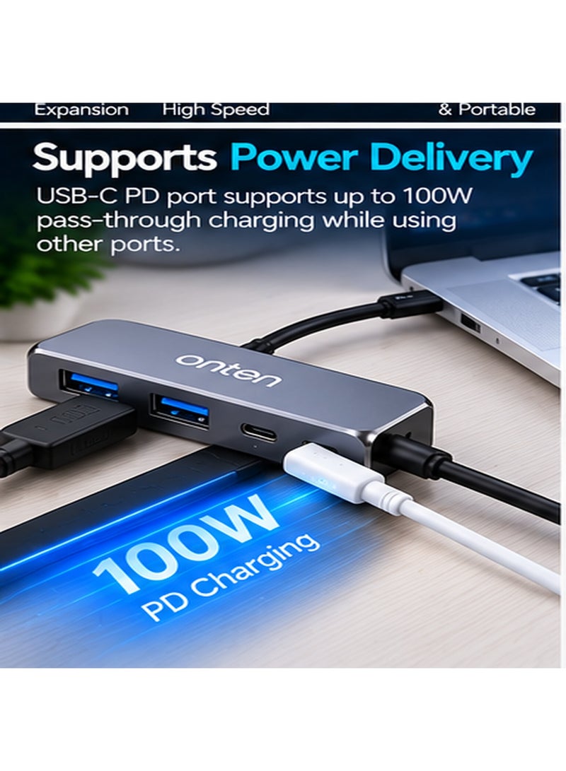 أونتن موزع ONTEN OTN-UC620 بمنفذ USB-C وأربعة منافذ (USB 3.2 Gen 2 Type-C)، يتميز بسرعة نقل بيانات عالية تصل إلى 10 جيجابت في الثانية، وتصميم مدمج وخفيف الوزن، ويدعم خاصية التوصيل والتشغيل (Plug & Play)، مع حماية ضد التيار الزائد والماس الكهربائي؛ متوافق مع أجهزة الكمبيوتر المحمول، والأجهزة اللوحية، والهواتف الذكية، ومحركات الأقراص الخارجية، ولوحات المفاتيح، والفئران، وذاكرات الفلاش، والأجهزة الطرفية التي تعمل عبر USB. - Image 5