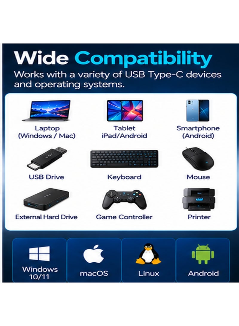 أونتن موزع ONTEN OTN-UC620 بمنفذ USB-C وأربعة منافذ (USB 3.2 Gen 2 Type-C)، يتميز بسرعة نقل بيانات عالية تصل إلى 10 جيجابت في الثانية، وتصميم مدمج وخفيف الوزن، ويدعم خاصية التوصيل والتشغيل (Plug & Play)، مع حماية ضد التيار الزائد والماس الكهربائي؛ متوافق مع أجهزة الكمبيوتر المحمول، والأجهزة اللوحية، والهواتف الذكية، ومحركات الأقراص الخارجية، ولوحات المفاتيح، والفئران، وذاكرات الفلاش، والأجهزة الطرفية التي تعمل عبر USB. - Image 4