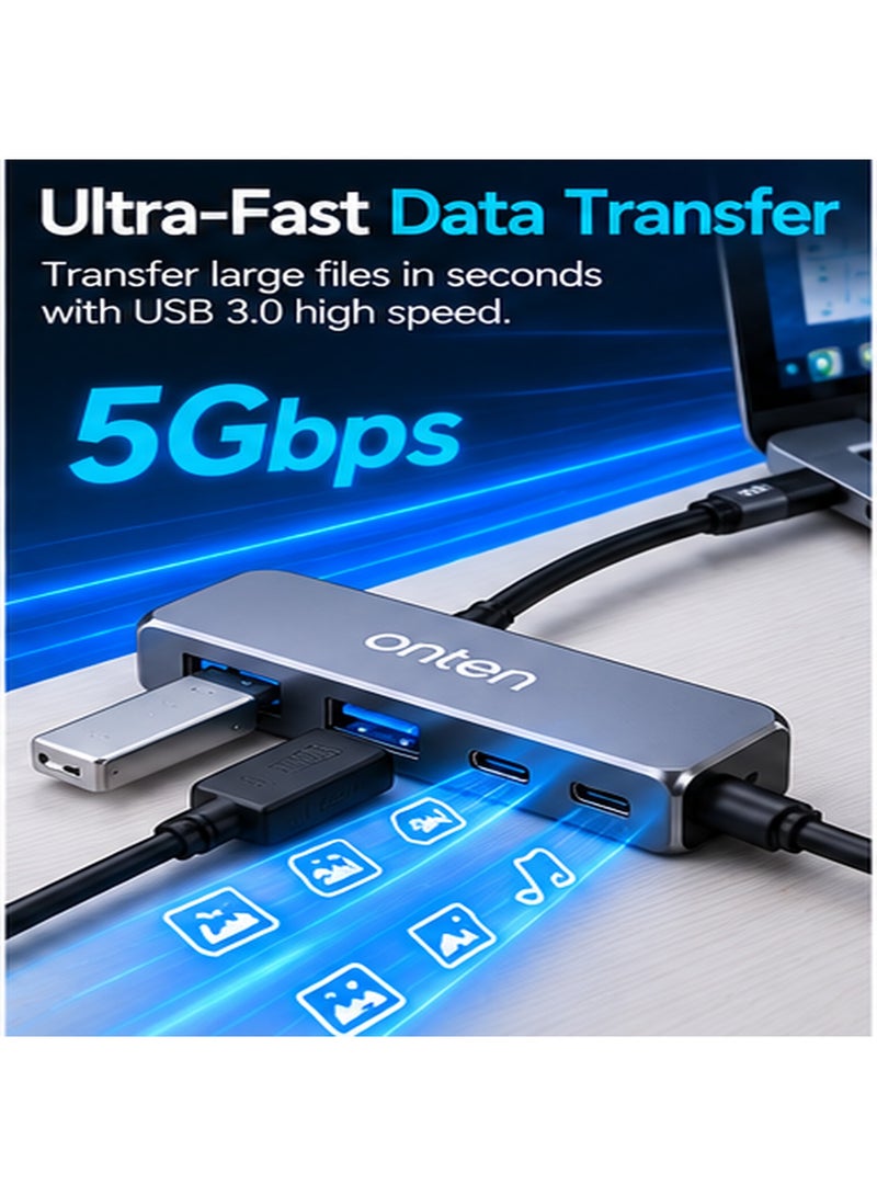 أونتن موزع ONTEN OTN-UC620 بمنفذ USB-C وأربعة منافذ (USB 3.2 Gen 2 Type-C)، يتميز بسرعة نقل بيانات عالية تصل إلى 10 جيجابت في الثانية، وتصميم مدمج وخفيف الوزن، ويدعم خاصية التوصيل والتشغيل (Plug & Play)، مع حماية ضد التيار الزائد والماس الكهربائي؛ متوافق مع أجهزة الكمبيوتر المحمول، والأجهزة اللوحية، والهواتف الذكية، ومحركات الأقراص الخارجية، ولوحات المفاتيح، والفئران، وذاكرات الفلاش، والأجهزة الطرفية التي تعمل عبر USB. - Image 2