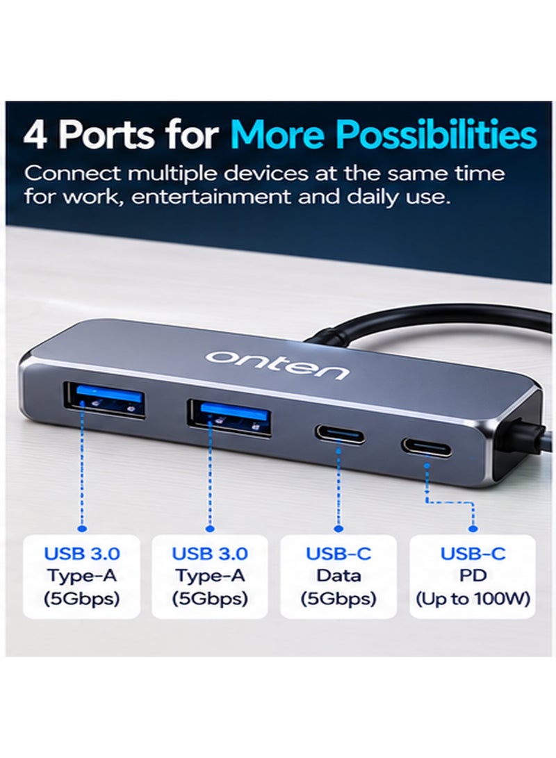 أونتن موزع ONTEN OTN-UC620 بمنفذ USB-C وأربعة منافذ (USB 3.2 Gen 2 Type-C)، يتميز بسرعة نقل بيانات عالية تصل إلى 10 جيجابت في الثانية، وتصميم مدمج وخفيف الوزن، ويدعم خاصية التوصيل والتشغيل (Plug & Play)، مع حماية ضد التيار الزائد والماس الكهربائي؛ متوافق مع أجهزة الكمبيوتر المحمول، والأجهزة اللوحية، والهواتف الذكية، ومحركات الأقراص الخارجية، ولوحات المفاتيح، والفئران، وذاكرات الفلاش، والأجهزة الطرفية التي تعمل عبر USB. - Image 3