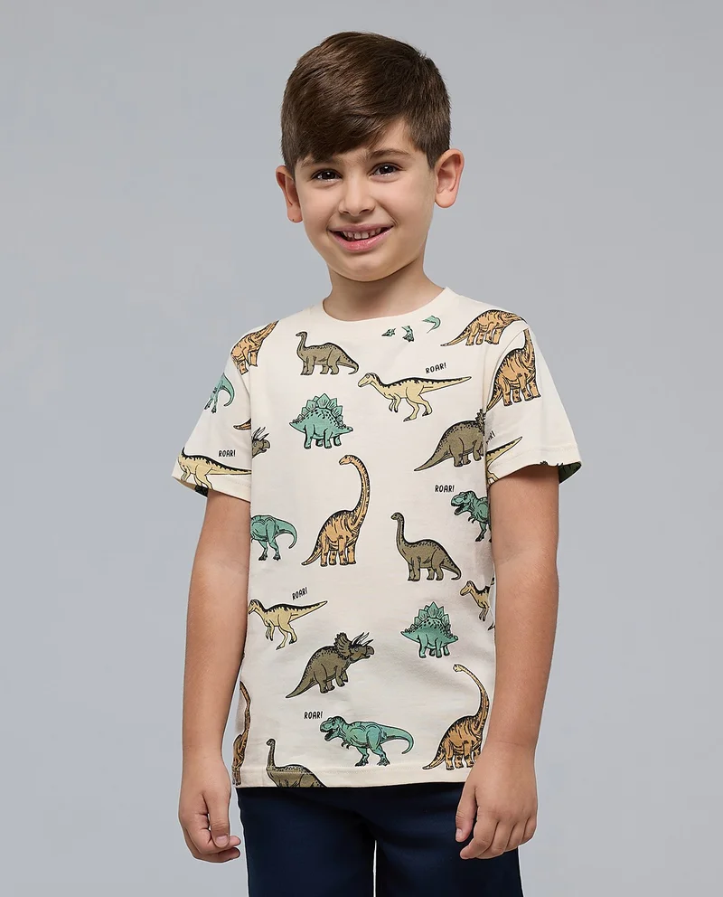 R&B Dino Print T-Shirt with Crew Neck and Short Sleeves