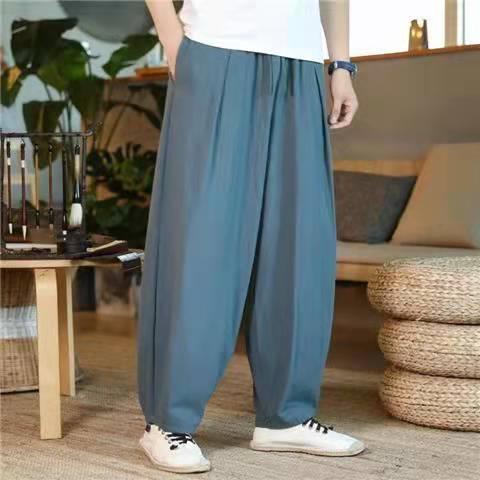 Summer Cotton Linen Mens Loose Wide Leg Pants greyish green  - Image 1