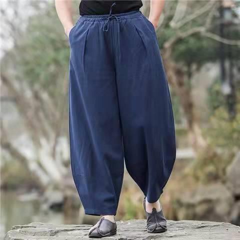 Summer Cotton Linen Mens Loose Wide Leg Pants greyish green  - Image 3