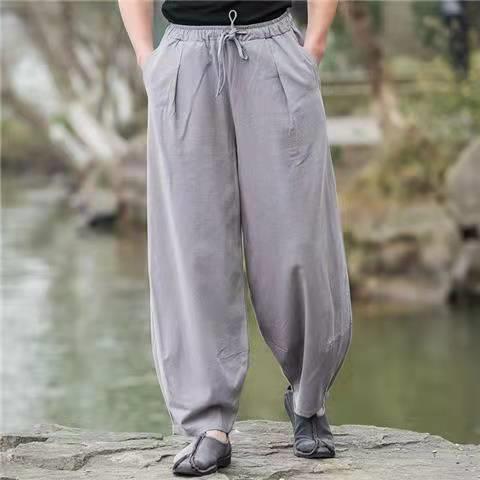 Summer Cotton Linen Mens Loose Wide Leg Pants greyish green  - Image 4