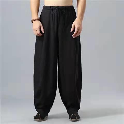 Summer Cotton Linen Mens Loose Wide Leg Pants greyish green  - Image 5