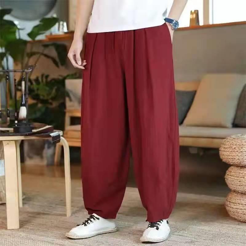 Summer Cotton Linen Mens Loose Wide Leg Pants greyish green  - Image 2