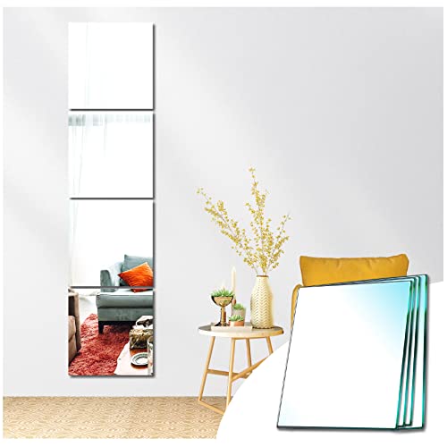 Sqinor Self Adhesive Mirror Tiles Glass Square Stick On Full Length Long Wall Mirrors for Living Room Bedroom Hallway Walls 30x30cm 4pcs