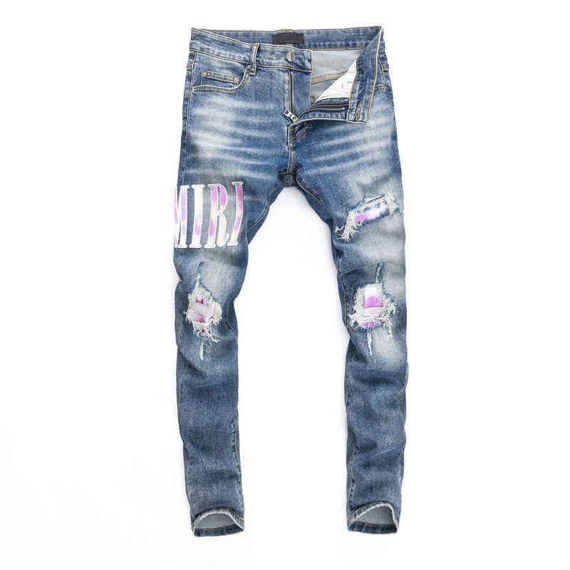 Mens Light Blue Ripped Patch Slim Denim Jeans Light blue 