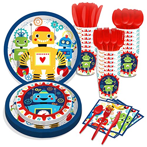 Lide Road 116 Pcs Robot Birthday Party Supplies Kit Robot Plates Napkins Cups Forks Knives Spoons for 16 Guests - Image 1