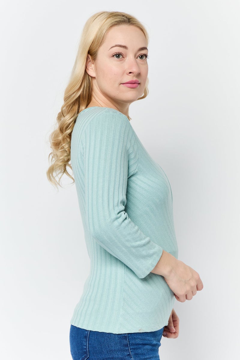 DeFacto Women Crew Neck Ribbed Top, Light Green - Image 2