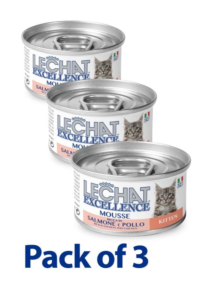 LeChat Excellence by Monge | Kitten Wet Food | with Tasty Salmon & Chicken Mousse | Growth Support | 85g Can | Made in Italy | Pack of 3