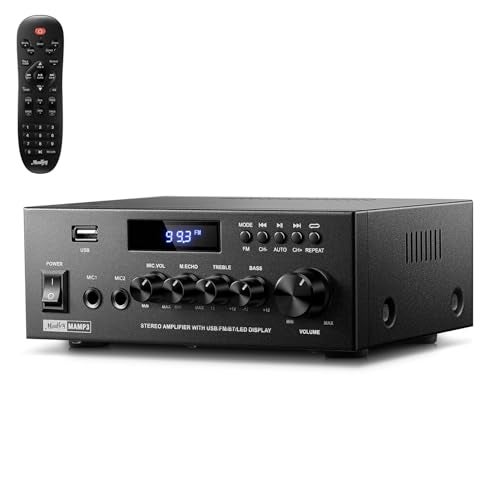 Moukey Amplifier Home Audio 20 Channel Stereo Receivers with Bluetooth 53 Full Function Remote FM RCA USB 2 Mic in 300W Peak Power for Karaoke Garage Home Theater MAMP3 - Image 1