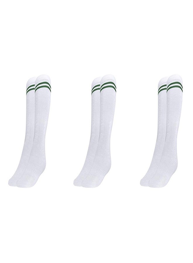 MUKHAKSH (3 Pairs Boys Kids White Socks with Bottle Green Stripes Border Lining White with Bottle Green Stripes Calf Length Long School Uniform School Dress Socks (DPS School Socks), 3-4 Years - Image 1