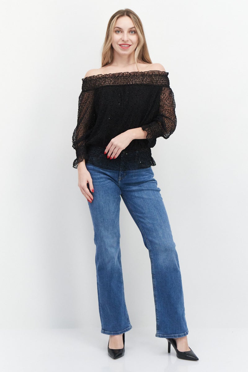 VERO MODA بلوزة نسائية بأكتاف مكشوفة وأكمام طويلة بتصميم منقوش، سوداء - Image 3