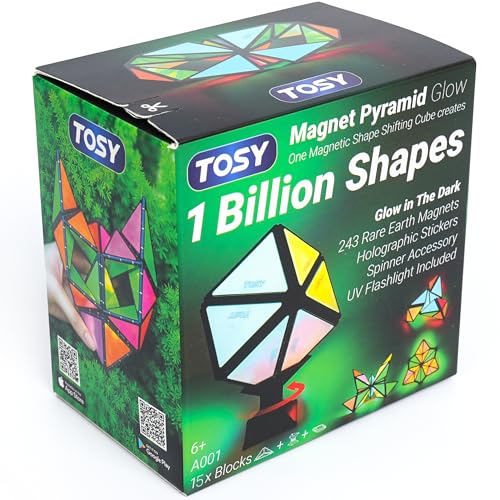 TOSY Magnet Pyramid Glow - 1 Cube Transforms into 1 Billion Shapes, 15 pcs (12 Puzzle pcs & 3 Accessories), 243 Magnets, Glowing, Christmas Stocking Stuffers Gift for Kids, Creative Puzzle STEM Toy - Image 1