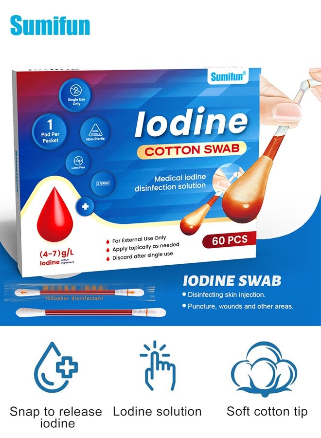 سوميفون 60 قطعة أعواد قطنية يودوفور للاستخدام مرة واحدة للتعقيم في حالات الطوارئ، أعواد قطنية يودوفور معبأة بشكل فردي، لتنظيف الجروح والبشرة والكدمات والاستخدام المنزلي والخارجي والسفر والرياضة وحالات الطوارئ - Image 1