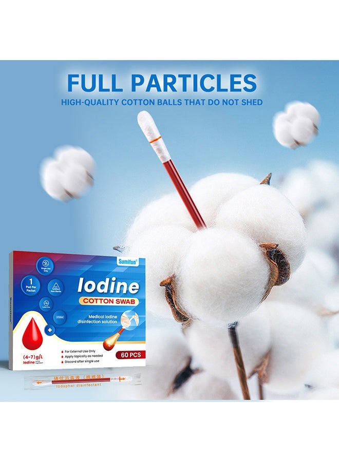 سوميفون 60 قطعة أعواد قطنية يودوفور للاستخدام مرة واحدة للتعقيم في حالات الطوارئ، أعواد قطنية يودوفور معبأة بشكل فردي، لتنظيف الجروح والبشرة والكدمات والاستخدام المنزلي والخارجي والسفر والرياضة وحالات الطوارئ - Image 3