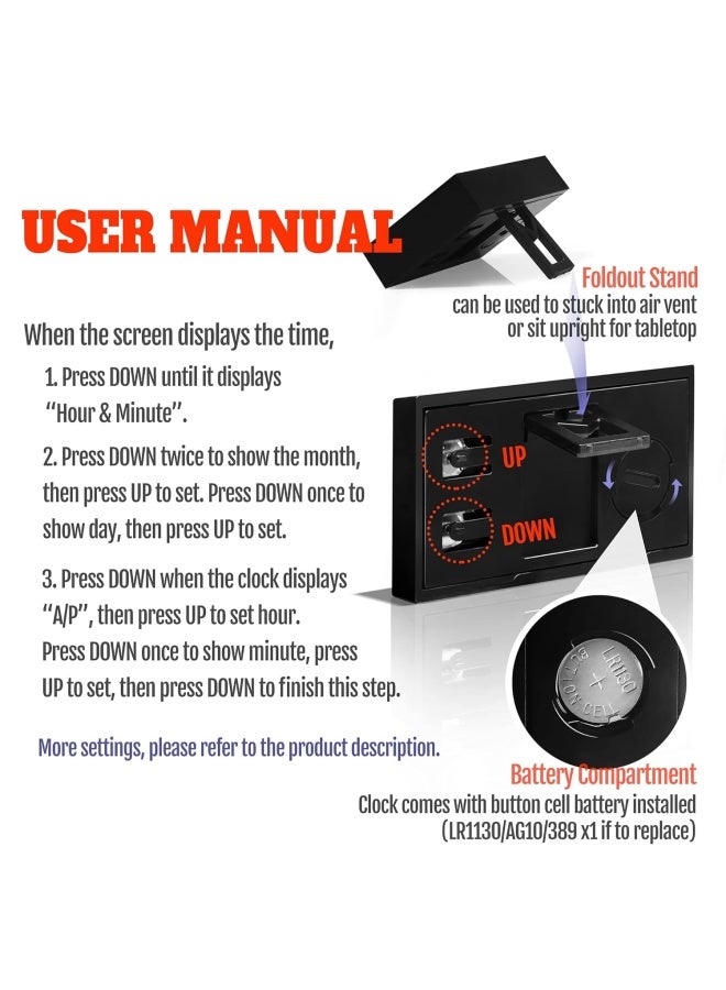 Generic Betus Car Dashboard Digital Clock - Vehicle Adhesive Clock With Jumbo Lcd Time And Day Display - Mini Automotive Stick On Watch For Car Truck Dashboard And Air Vent (Black  - Image 5