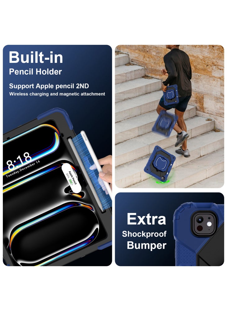 For iPad Pro 13 (2024) Kickstand Case Silicone+PC Tablet Cover - Navy Blue/Black - Image 4