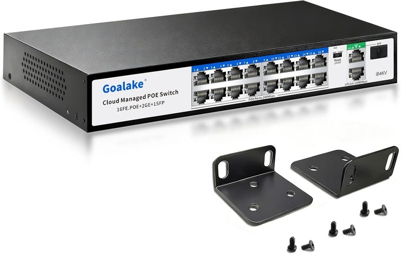 Goalake 19-Port Ethernet PoE Switch, 16 PoE+ Ports @240W, 2 Uplink Gigabit Ports + 1 Combo SFP Slots, Easy Smart Managed Ethernet Switch, Metal Plug and Play, AI Extend &Vlan, Fanless, Overload Protection - Image 1