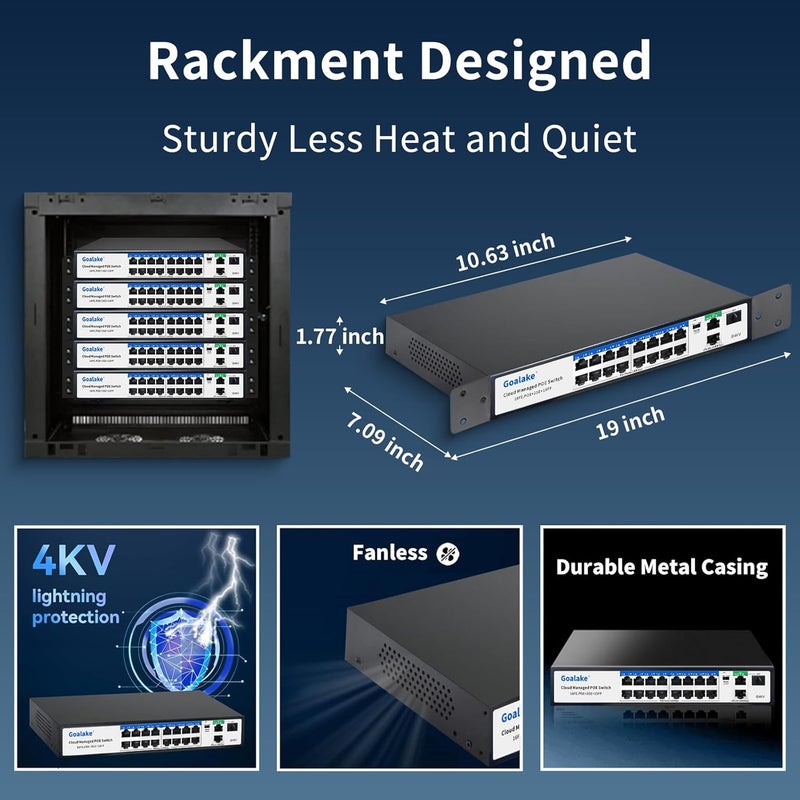Goalake 19-Port Ethernet PoE Switch, 16 PoE+ Ports @240W, 2 Uplink Gigabit Ports + 1 Combo SFP Slots, Easy Smart Managed Ethernet Switch, Metal Plug and Play, AI Extend &Vlan, Fanless, Overload Protection - Image 4