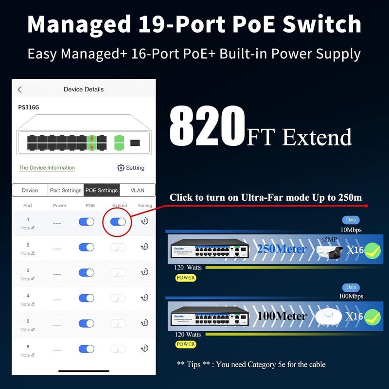 Goalake 19-Port Ethernet PoE Switch, 16 PoE+ Ports @240W, 2 Uplink Gigabit Ports + 1 Combo SFP Slots, Easy Smart Managed Ethernet Switch, Metal Plug and Play, AI Extend &Vlan, Fanless, Overload Protection - Image 5