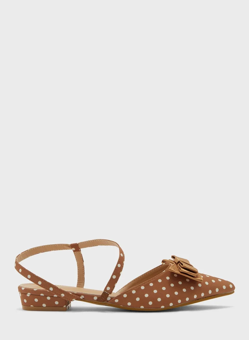 ELLA Bow Polka Dot Pointed Flat Shoe Tan