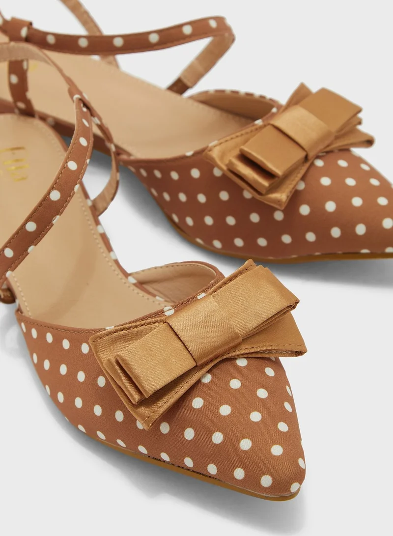 ELLA Bow Polka Dot Pointed Flat Shoe Tan