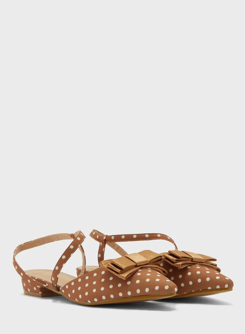 ELLA Bow Polka Dot Pointed Flat Shoe Tan